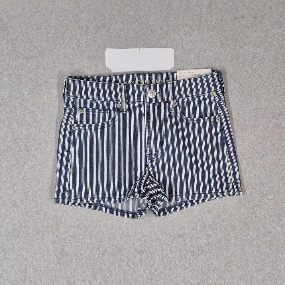American Eagle  Women Shorts 2 Blue Denim Striped Hi Rise‎ Shortie Stretch NWT